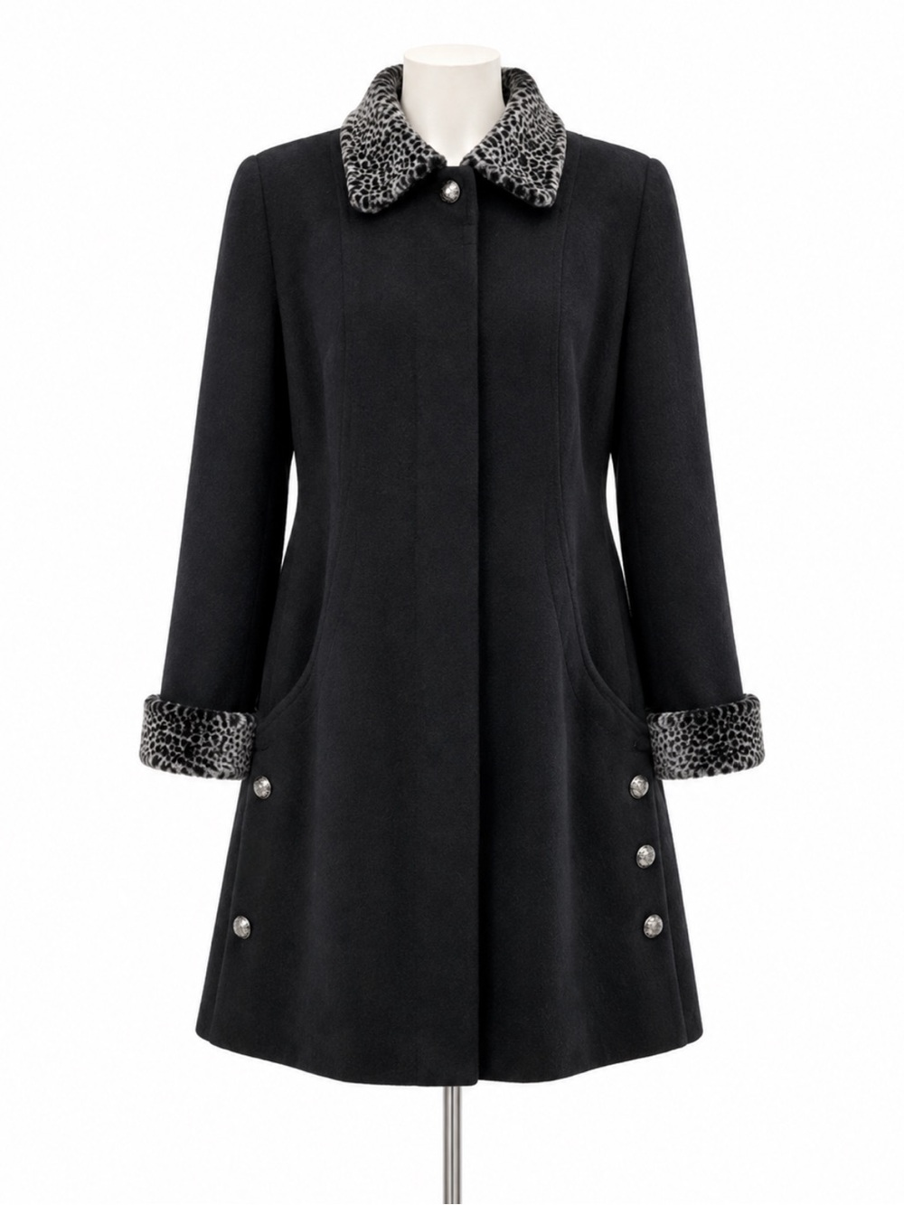 🧥👜 ALORNA WOMAN Vintage Swing Coat | Leopard Velvet Collar Forstmann Wool 1990s